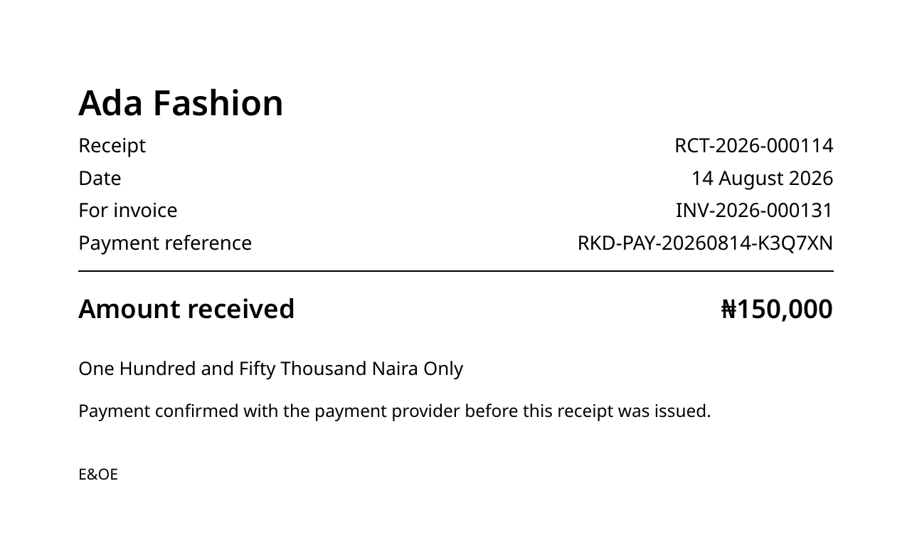 A receipt rendered by Rekoda: RCT-2026-000114 from Ada Fashion for 150,000 naira, confirmed with the payment provider before it was issued